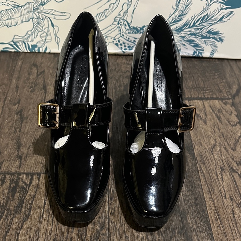 Stylish Black Patent Leather Heels with Buckle